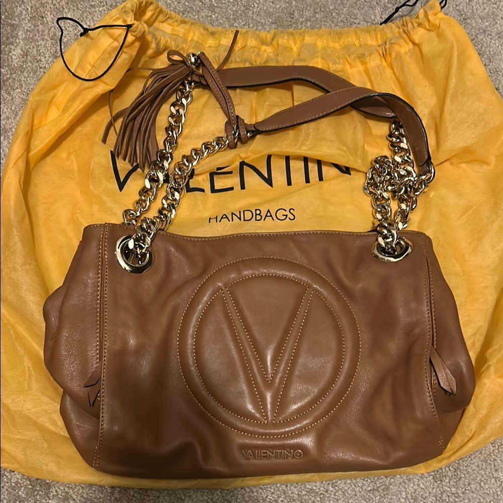 Valentino Brown and Gold Leather Shoulder Bag with Embossed Logo